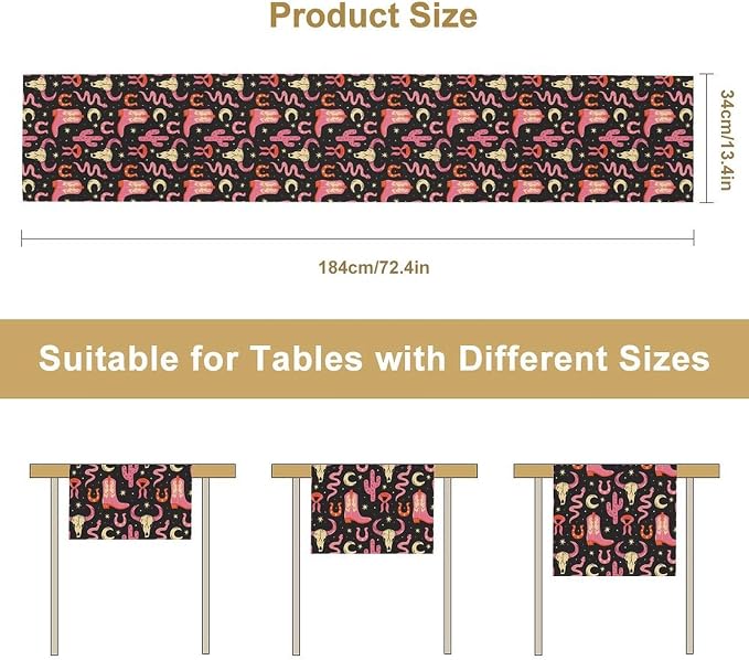 Western Cowgirl Table Runner, Pink Cowboy Boots Cacti Cactus Skull Print Table Runner for Kitchen Dining Party Birthday Wedding, 13x90 Inch