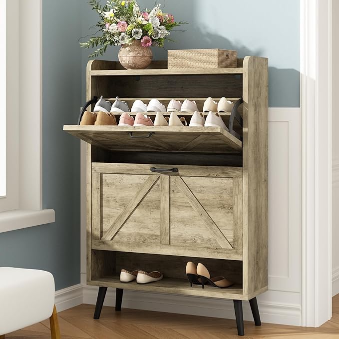 Shoe Storage Cabinet for Entryway, Large Shoe Cabinet with 2 Flip Drawers, Narrow Shoe Rack Cabinet, Slim Hidden Shoe Storage, Wooden Shoe Organizer Rack,Rustic Oak