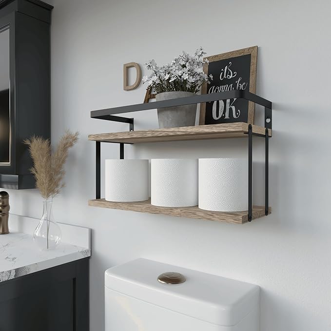 RICHER HOUSE Dual-Level Guardrail Floating Shelves, Rustic Wood Shelf Wall Mounted, Over Toilet Paper Storage Shelf for Bathroom Wall Decor, Bathroom Organizers and Kitchen Storage - Rustic Wood