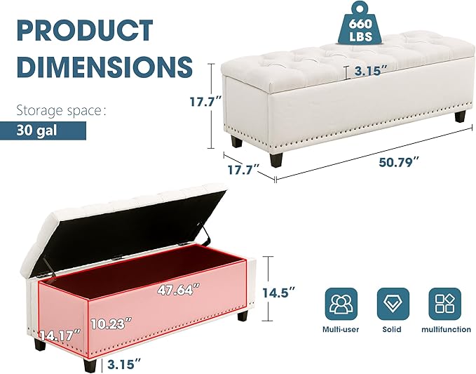 Grepatio Storage Ottoman Bench for Bedroom - 51" Tufted End of Bed Storage Benches with Foot - Upholstered End of Bed Bench - Large Rectangular Bed Ottoman Benches for Living Room Bedroom (Beige)