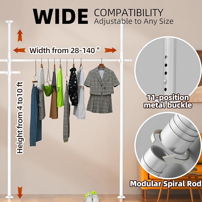 Room Divider, Tension Curtain Rod No Drilling,4-10ft(H) 28-140inch(W) Wall Divider for Room Separation, Heavy Duty Room Partition Separator, Adjustable Folding Privacy Screens,White