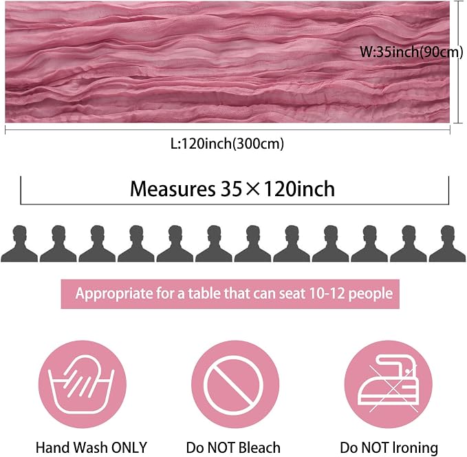 12 Pack 10Ft Cheesecloth Table Runner 35x120 Inch Boho Gauze Table Runner Rustic Cheese Cloth Long Romantic Table Runners for Wedding Bridal Shower Birthday Party Table Decor (Dusty Rose)