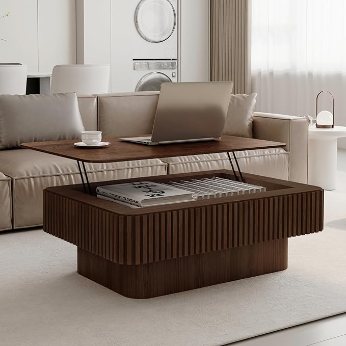 LKTART Lift Top Coffee Table for Living Room, Mid Century Modern Coffee Table with Hidden Storage, Solid Wood Veneered Rectangle Center Tea Table for Small Space Apartment (38.6''L×14''H-Walnut)