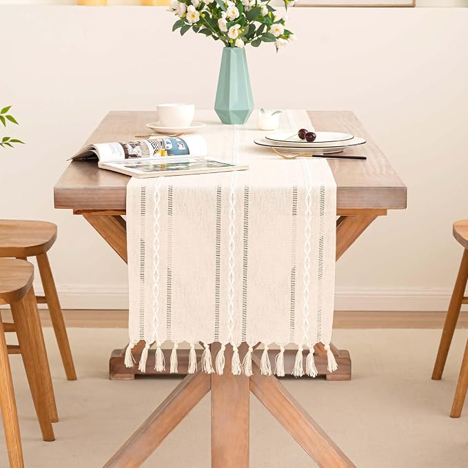 Table Runner, Rustic Farmhouse Linen Waterproof Table Runners for Holiday Party, Dresser Decor and Dining Room Decorations-Ivory-14 x108, 8-10 Seats