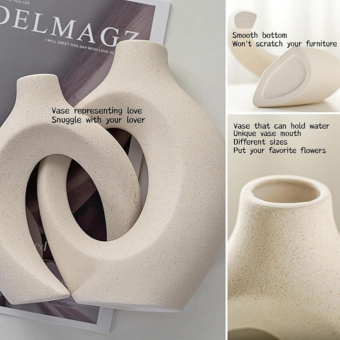 Snuggle Hollow Ceramic Donut Vase Set of 2 for Coffee Table Decor, Decorative Vases for Boho Modern Table Centerpieces Home Living Room Entryway Table Shelves Decoration, Beige, 6.3" W x 8.4" H