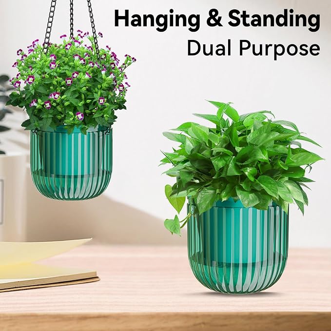ZeeDix 3 Pack-6.5 Inch Hanging Planters for Indoor Plants, Self Watering Hanging Plant Pots with 3 Hooks and Drainage for Home, Wall, Window Decor Outdoor Use (Green, 6.5 inch)