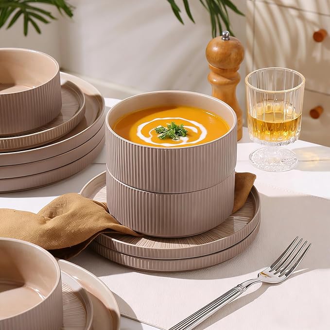 Dinnerware Sets for 4, Ceramic Plates and Bowls Set 12 Piece Dinnerware Chip Resistant Stoneware with Advanced Inkjet Printing Technology, Dishwasher and Microwave Safe-Dusty Brown
