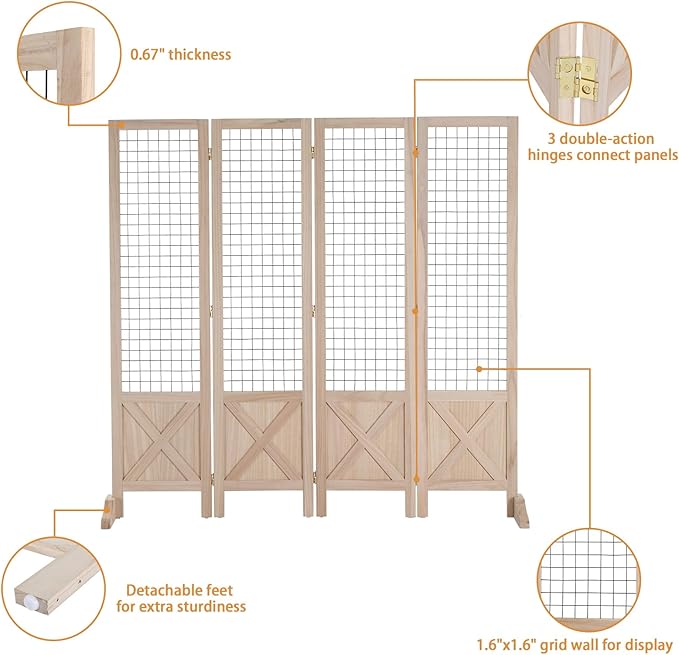 VINGLI Room Divider Freestanding Gridwall, 4 Panel Folding Display Board Organizer with Base Feet, Decorative Wooden Frame Wire Grid Screens for Craft Shows Events Retail (Natural, 5'×5')
