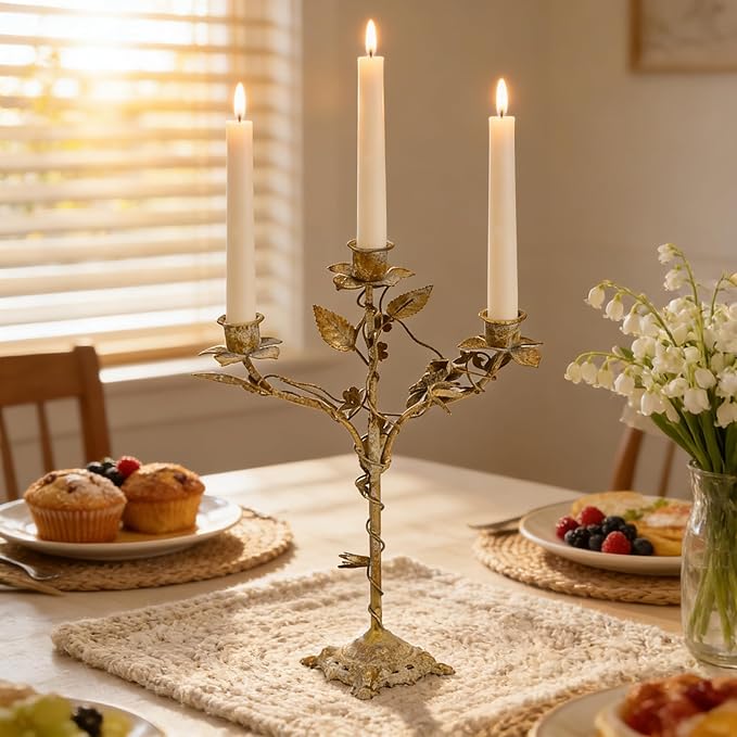 Vintage 3-Arm Metal Candelabra, Distressed Gold Leaf & Floral Design Candle Holder, 14.37" Tall Tabletop Candlestick Stand for Wedding, Dining Table & Home Decor