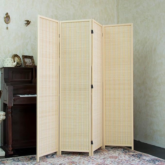Furnnylane 4 Panel Bamboo Room Divider - 5.6 ft Tall Folding Privacy Screen, Natural Beige Freestanding Partition Wall for Home Office & Room Separation (67" H x 61.4" W)