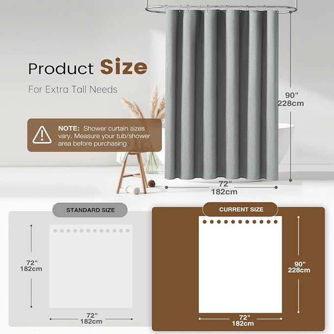 BTTN 3 in 1 Shower Curtain Set - 90 Inch Extra Long Linen Textured Cloth Shower Curtain Liner with Plastic Hook, Modern Hotel Luxury Waterproof Fabric Shower Curtain for Bathroom, Grey/Gray, 72x90