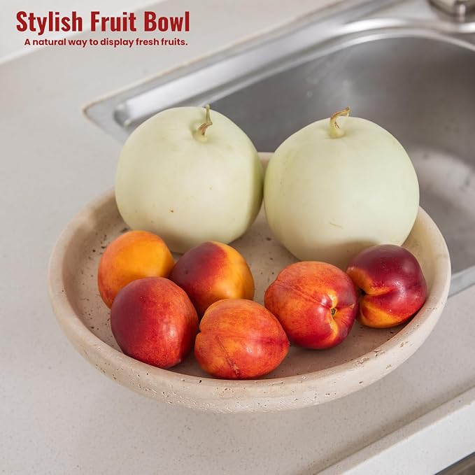 Natural Travertine Fruit Bowl for Kitchen Counter 10.2",Large Decorative Bowl & Travertine Bowl Pedestal for Kitchen Counter & Dining Table ,For Entryway, Kitchen Fruit Bowl, Dining Table Centerpiece.