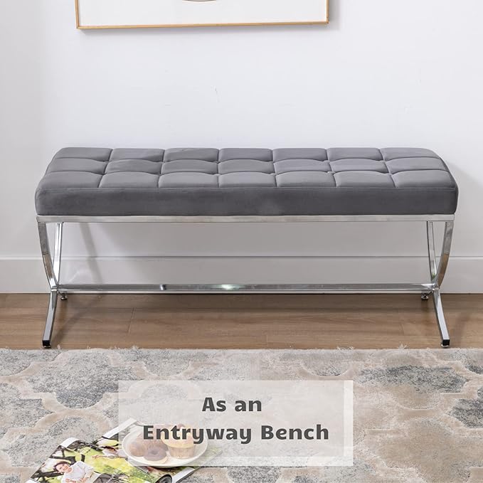 HEAH-YO Modern Dining Bench for Table, Button Tufted Ottoman Bench with Metal Legs, Upholstered Velvet Fabric Footstool for Living Room Entryway, Grey