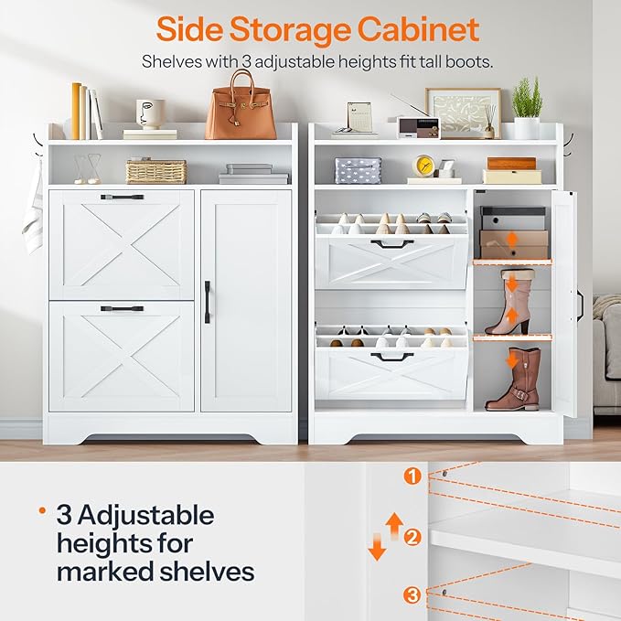 HOOBRO Slim Shoe Cabinet with 2 Flip Drawers & Side Storage, Narrow Shoe Storage Cabinet for Entryway, Wooden Shoe Organizer for Small Spaces, Adjustable Shelves, White WT90SC01US