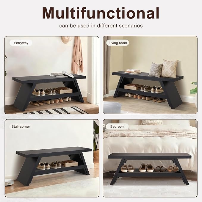 2-Tier Shoe Bench,Entryway Shoe Storage Bench,Modern Narrow Bench for Entryway, Kitchen, Bedroom, Dining（Black）