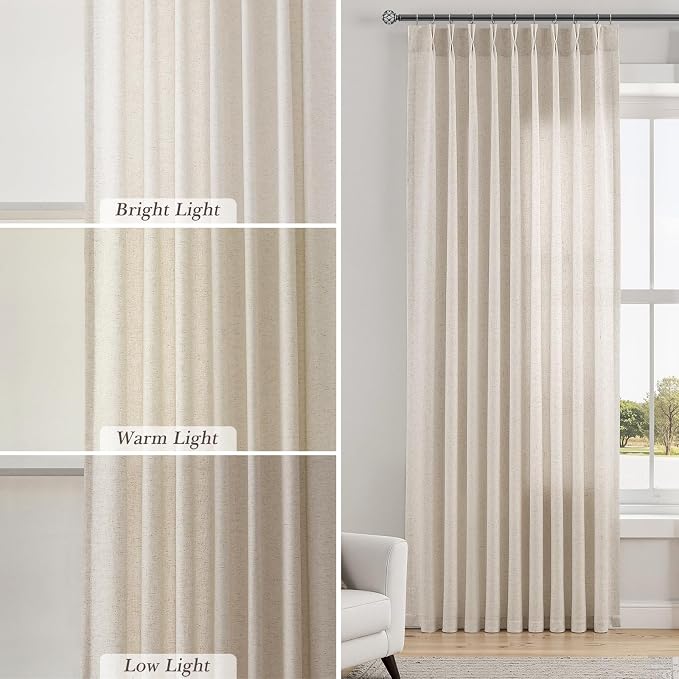 Aersas Ivory White Pinch Pleated Linen Curtains 96 Inches Long for Living Room 2 Panel Set Pleat Semi Sheer Back Tab with Hooks Neutral Boho Modren Curtain Drapes for Bedroom Window, 40x96 Inch