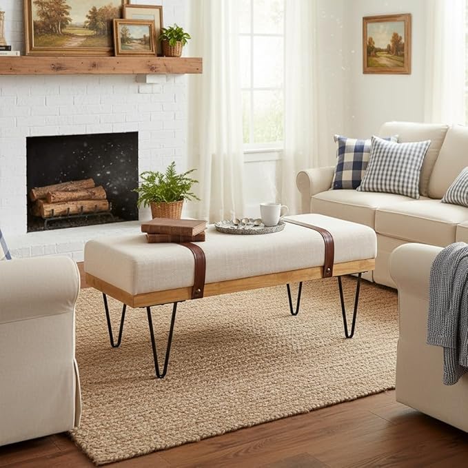 LukeAlon 44" Upholstered Storage Bench, Modern Linen Ottoman with Straps & Metal Hairpin Legs, Industrial Entryway Bench for Bedroom End of Bed, Living Room, Dining Room, Beige