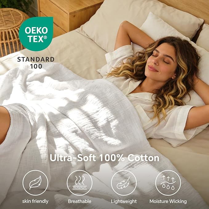 BEDELITE 100% Cotton Muslin Blankets for Adults - 4-Layer King Size Breathable and Lightweight Gauze Blanket for Couch, Bed, Travel and Summer, Soft & Cozy Gift for Women, White, 108"x90"