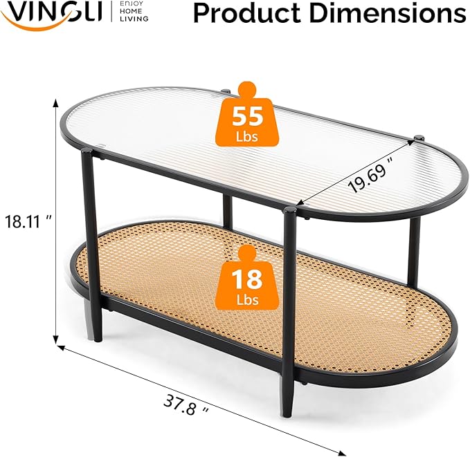 VINGLI 38" Oval Coffee Table with Rattan Shelf, Glass Metal Coffe Table, Skinny Coffee Tables with 2-Tier Storage, Modern Center Table for Living Room, Office, Small Space, Black