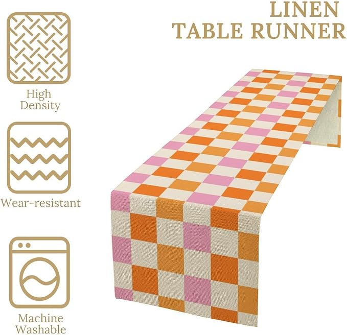 Hippie Table Runner Vintage Geometric Square Grid Yellow Orange Pink 1960s 1970s Retro Country Farmhouse Dinner Runner for Living Room Kitchen Party Holiday Dinner Home 13x36in