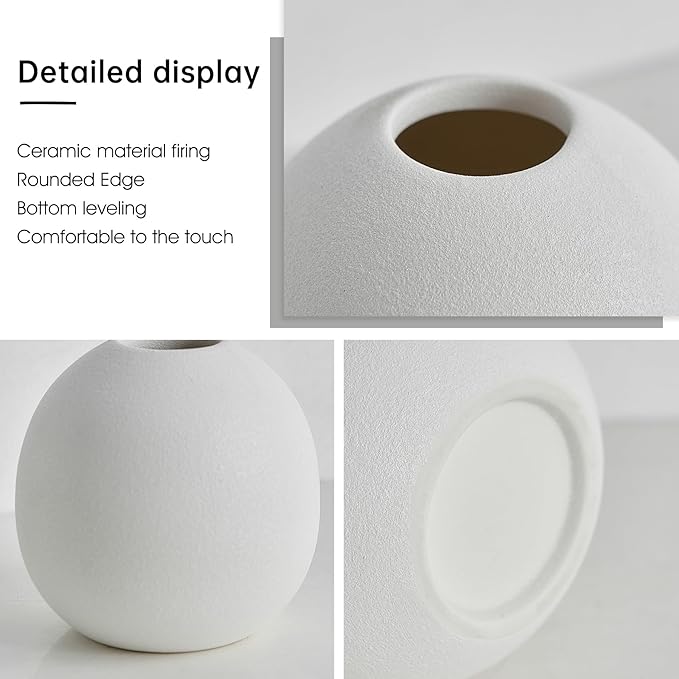 Ceramic Vase Set of 3 for Modern Home Decor, Boho Vase White Round Vase Minimalist Decorative Vase for Table Centerpiece Wedding Dining Living Room Office Entryway Coffee Table Decor