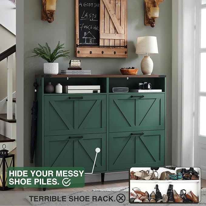 Barnyatoh Shoe Storage Cabinet,Farmhouse Shoes Organizer with 4 Flip Drawers & Barn Door Design,Freestanding Hidden Slim Narrow Shoe Rack Cabinet with Open Storage for Entryway, Foyer,Hallway,Green