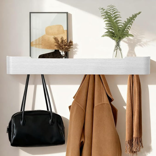 Coat Rack Wall Mount with Shelf Entryway Shelf Modern Key Holder Hanger Wall Shelves with Hidden Hooks for Hanging Towels Coats Hats Bags for Hallway Bathroom Bedroom(White, 8 Hooks)