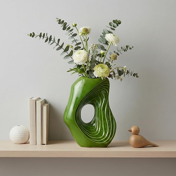 Sunddo Donut Green Ceramic Vase for Home Decor, 11 Inch Tall Modern Flower Vase for Pampas Grass, Unique Decoration Vases for Living Room, Shelf, Entryway, Fireplace Mantel, Console Decor