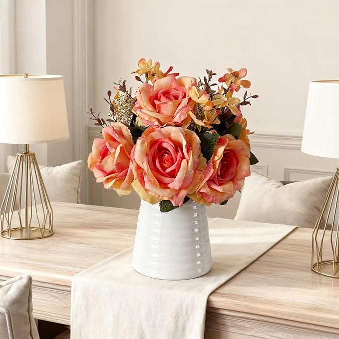 Artificial Rose Bouquet in White Ceramic Vase, Orange Silk Flowers with Decorative Leaves, Realistic Floral Arrangement for Home Decor
