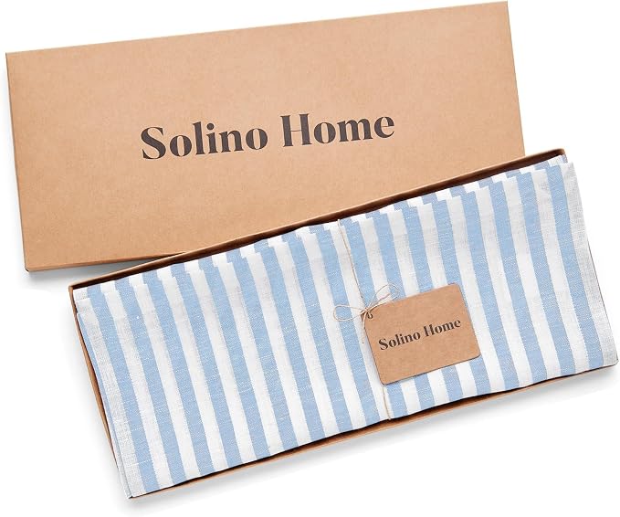 Solino Home Linen Table Runner 156 Inches Long - Amalfi Stripe, 100% Pure Linen Sky Blue and White Farmhouse Table Runner 14 x 156 Inch for Dining, Summer