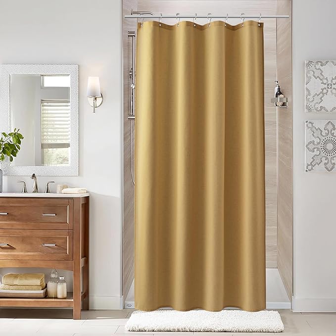Naturoom 42 Inch Gold Linen Shower Curtain - Narrow Half Small Ultra Thick Fabric Shower Curtain Set with 8 Hooks, Natural Boho Farmhouse Rustic RV Camper Bath Curtains for Bathroom