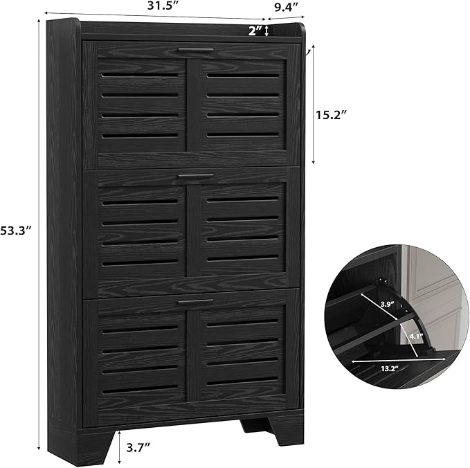 IDEALHOSUE Shoe Cabinet Storage for Entryway, Slim Shoe Storage Cabinet with 3 Flip Drawers, Freestanding Hidden Narrow Shoe Organizer Cabinet with Hooks for Entrance, Foyer, Hallay, Black
