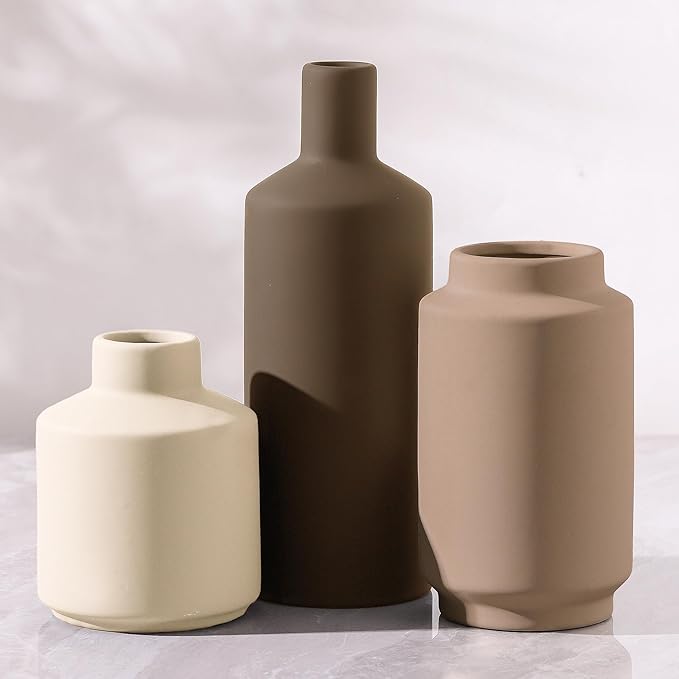 Ceramic Vase Set of 3 Terracotta Brown Beige, Modern Small Flower Vases for Home Decor, Boho Farmhouse Rustic Decorative Vases for Living Room Table Shelf Kitchen Bedroom Centerpieces