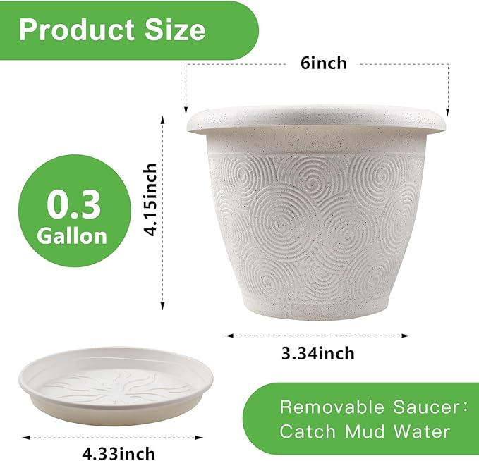 Fodetyff 6 Inch Flower Pots Planters for Indoor Outdoor Plants, 6 Pack Plastic Small Plant Pots with Drainage Hole & Tray, Modern Decorative Garden Pot with Saucer, Plant Container for House