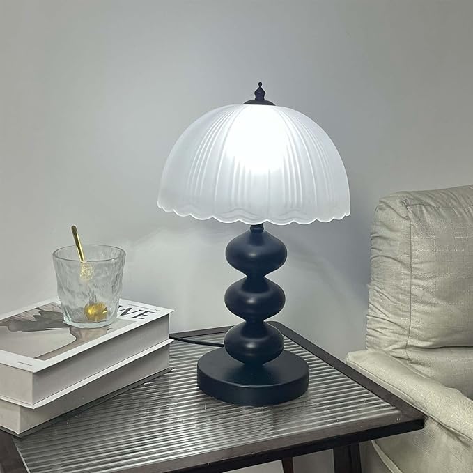 14" Metal Desk Lamp Vintage Frosted Glass Table Lamp,Mid Century Black Glass Flower Table Lamp with 3 Color Temps,for Bedroom, Study, Living Room