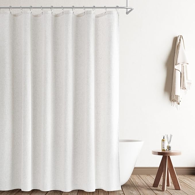 Naturoom Natural Linen Shower Curtain, Country Boho Farmhouse Bath Decor Shower Curtains Neutral Cloth Weighted Textured Fabric Bath Curtain Liner with Hooks, Beige White, 72x72