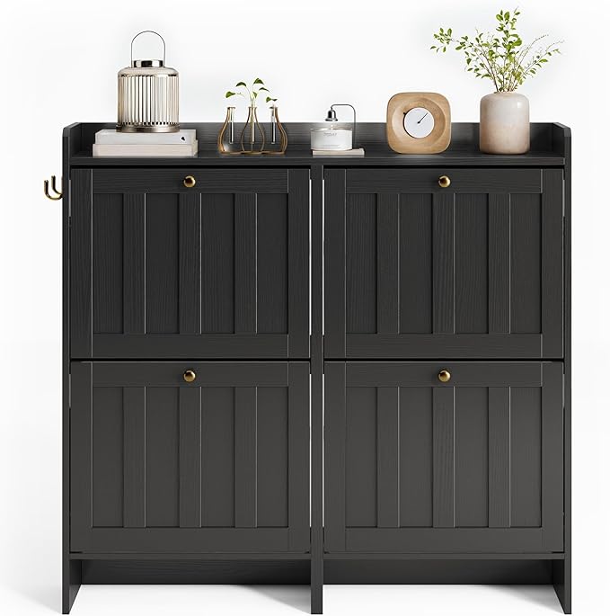Gizoon Shoe Storage Cabinet with 4 Flip Drawers, Mordern Freestanding Shoe Organizer for Entryway, Narrow Rack Cabinet with Storage for Entrance, Hallway, Black