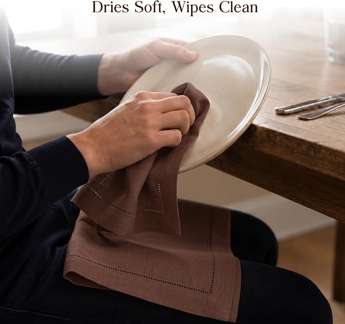 Hemstitch Cloth Napkins, Set of 12-100% Cotton Dinner Napkins 18x18 - Soft Absorbent Cloth Napkins for Wedding & Formal Dinner - Holiday, Christmas Cotton Dinner Napkins - Chocolate Brown