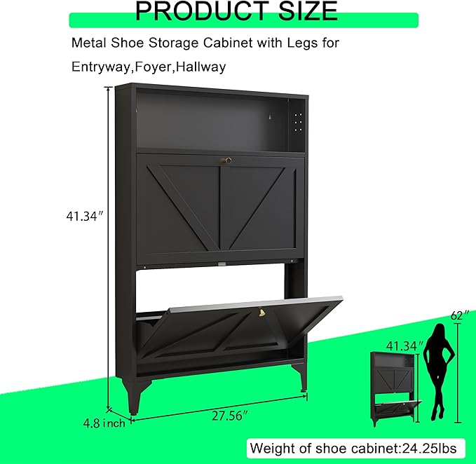 Shoe Storage Cabinet for Entryway with 2 Flip Drawers, Freestanding Shoe Organizer with Legs,Farmhouse Narrow Shoe Storage Cabinet for Entryway, Foyer,Living Room (2-Drawers, Black)