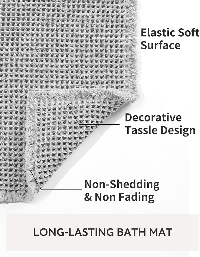 tchdio Waffle Bath Mat Rug, Super Absorbent Non Slip Bath Mats for Bathroom Mat Ultra Soft Bathmat Machine Washable Bathroom Rugs with Tassels, Bath Rugs Beside Tub, 17" x 24", Light Grey