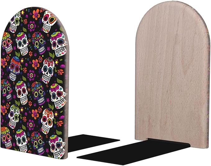 Sugar Skulls Flowers Colorful L-Shaped Book Ends 1 Pair Wood Bookends Book End Supports for Heavy Book Shelf Holder Home Decorative