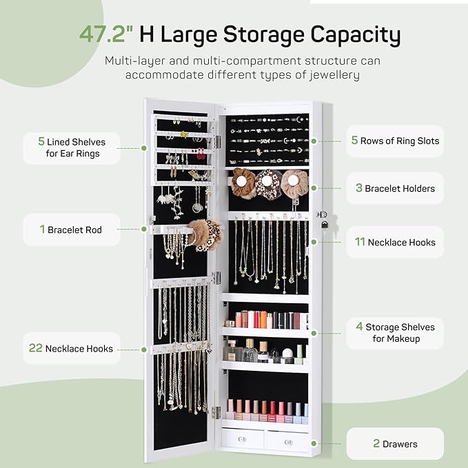Jewelry Organizer Cabinet, 47.2-Inch Lockable Jewelry Armoire with Full-Length Mirror, Wall or Door-Mounted, Large Storage with 6 LEDs, 3.85" D x 14.25" W x 47.24" H, White