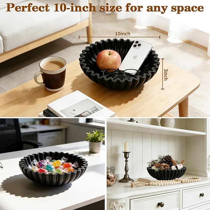 Decorative Bowl With Beads for Home Decor - Large Decorative Fruit Bowls for Candy - Scalloped Ruffle Centerpiece key Bowl - Morden Round 10" Aesthetic Coffee Entry Table Decor (Black)