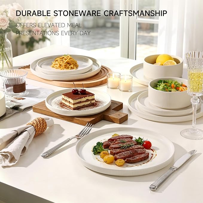MONITO Ceramic Dinnerware 16 Pieces Dinner Set,Plates Pasta Bowls Cereal Bowls Reactive Change Glaze Dish Sets, Modern Stoneware Dishes,Gift, Creamy white