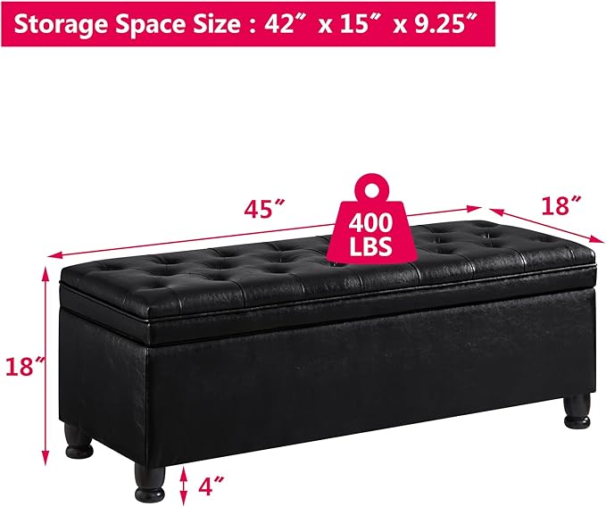 Betoko Storage Benches for Bedroom End of Bed,Mid Century Modern Bed Ottoman Bench with Storage,Button Tufted 45" PU Leather Long Storage Bench for Entryway Living Room Window (PU Black)