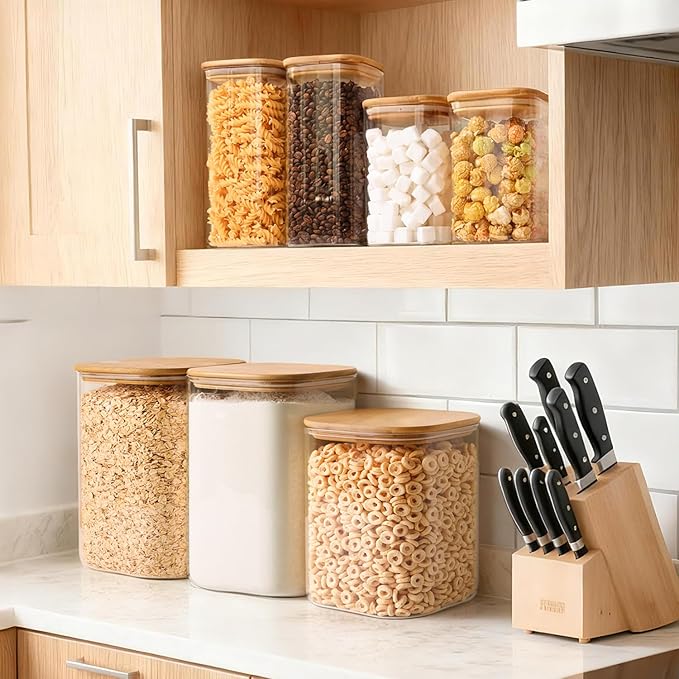 2-Pack 1 Gallon Square Glass Flour and Sugar Containers with Lids, Large Airtight Pantry Jars for Baking - Glass Canisters with Scoops & Labels for Bulk Food