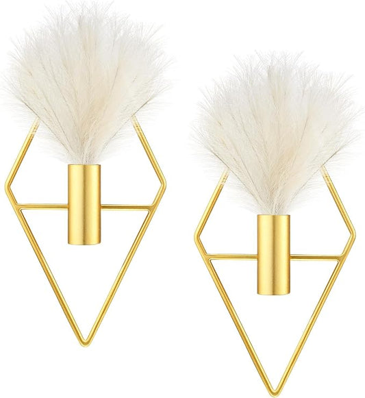 Peryiter 2 Pcs Boho Wall Decor Metal Gold Wall Art Hanging Planters with Artificial Pampas Modern Home Decor Display Art for Living Room Bedroom Bathroom(Rhombus)