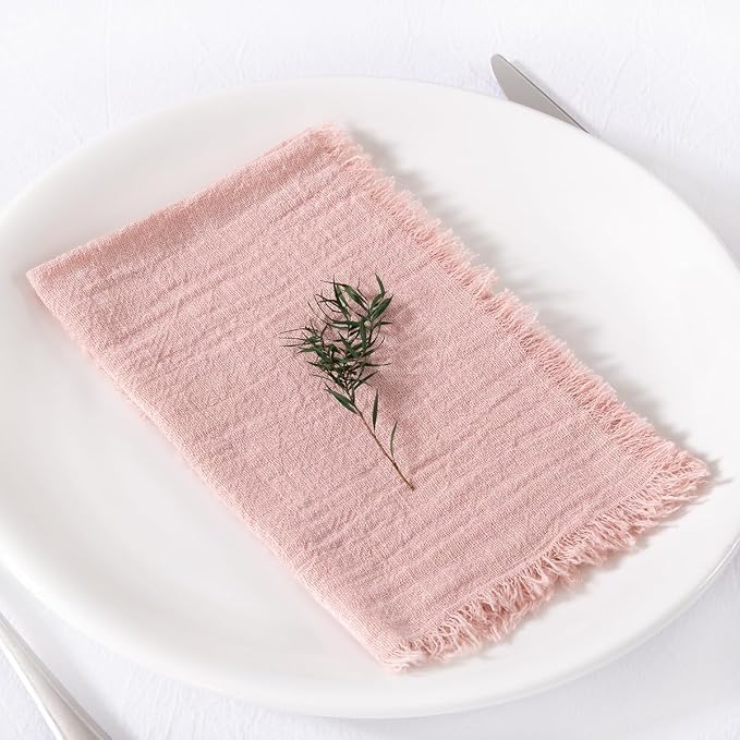 MLMC 10 Pack Dusty Pink Cloth Napkins with Fringe Boho Linen Napkins Washable Reusable Rustic Dinner Table Decor 17"×17" for Wedding Party Bridal Baby Shower Home Decor