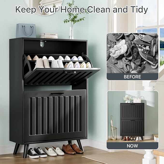 Shoe Storage Cabinet with 2 Flip Drawers, Modern Freestanding Organizer with Adjustable Shelf, Narrow Shoe Rack Cabinet for Entryway, Black