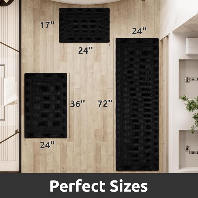 AMOAMI Waffle Bath-Mat, Absorbent Bath Mats for Bathroom Non Slip, Machine Washable Bathroom Rugs with Tassels Ultra Soft Boho Bath Rugs for Floor 17''x24'' Black